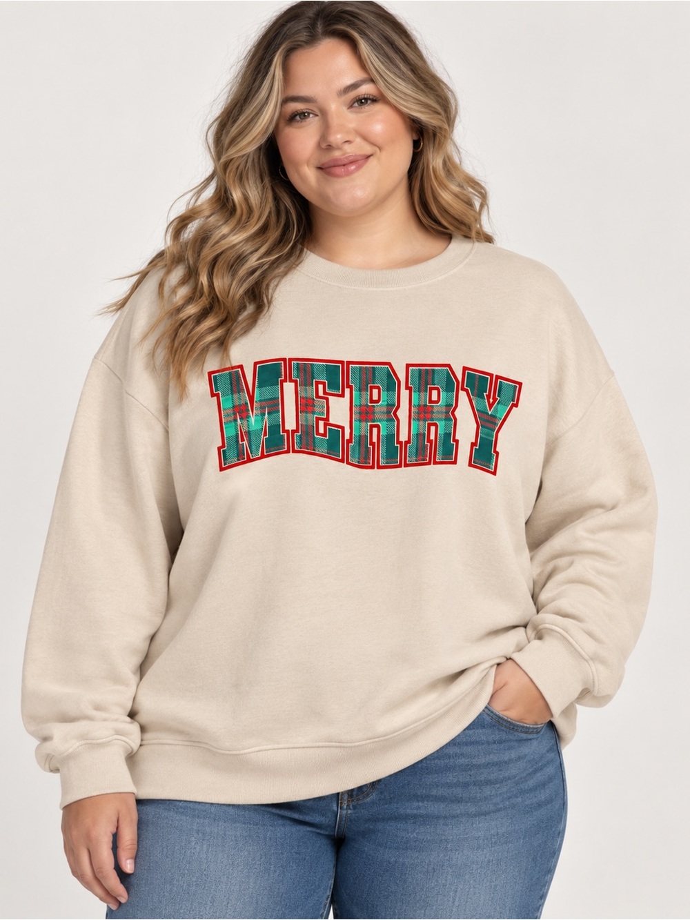 State of Mine Merry Plaid Christmas Sweatshirt XXL Beige Holiday Crewneck